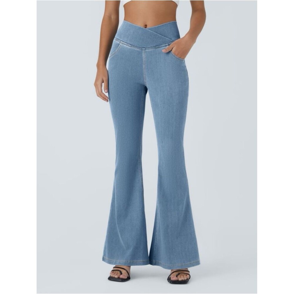 HALARA Flex Light Blue Crossover High-Waist Flare Jeans